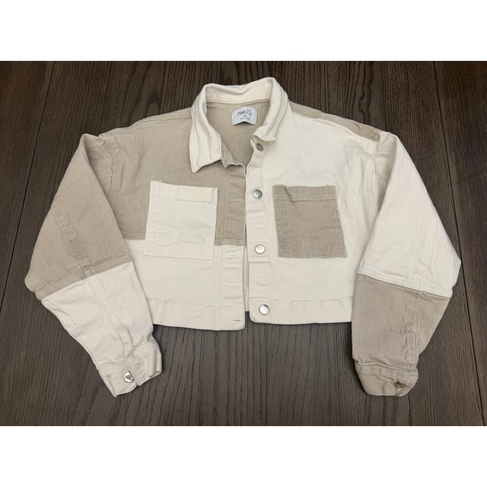Rue21 Cropped Jacket XL Colorblock Beige Cream Utility Button Front